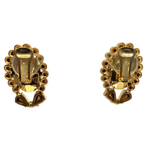 Large Rhinestone Clip On Earrings Toni Laura Gold Tone Italian Designer 1980s - Picture 6 of 7